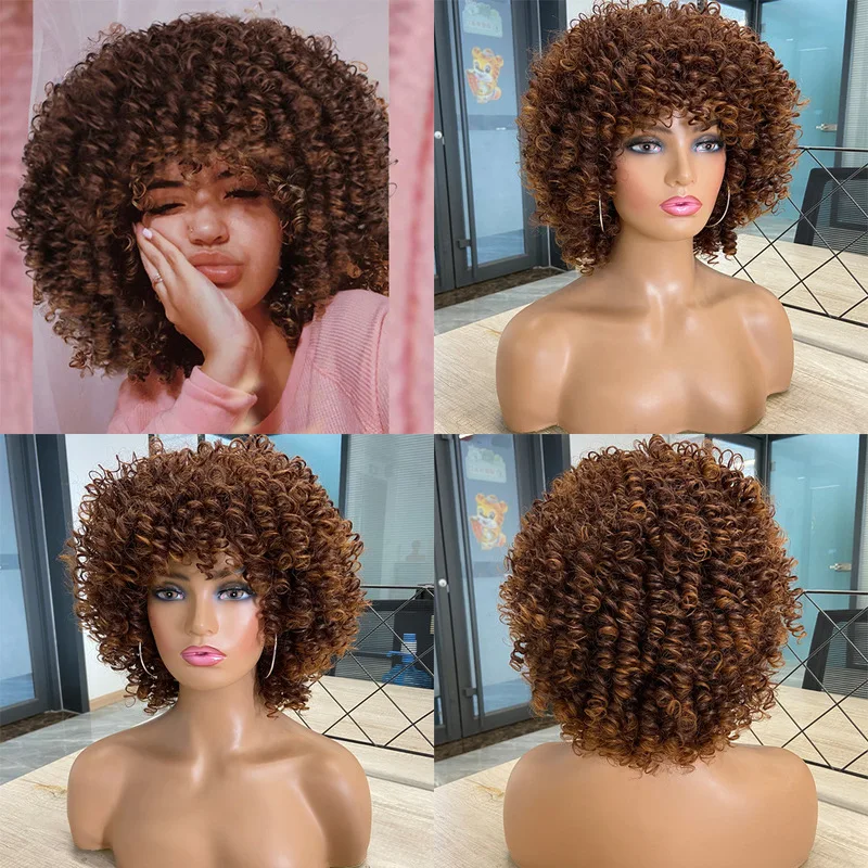 European and American cross-border celebrity fashion , women's African curly golden synthetic fiber full , afro wig