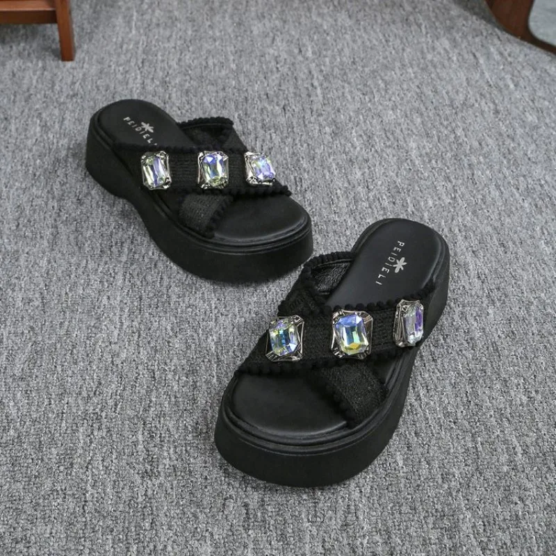 Summer New Black Diamond-encrusted Platform Slippers Women's Sandals