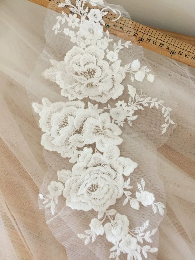 Off White Champagne Border Lace, Mirrored Flowers, Wedding Dress, Shoes, Headdress, DIY Sewing Accessories, Bride, 2 Pcs, 1Pair