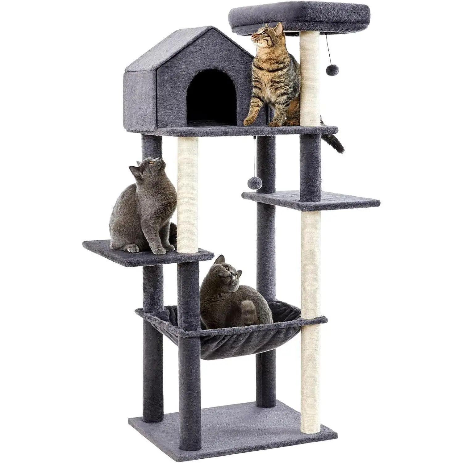 

60 Inch Tower For Indoor Cats Multi-Level Tree With Plush Hammock Cozy Cat House Scratching Posts Top Perch And 2 Hanging Balls
