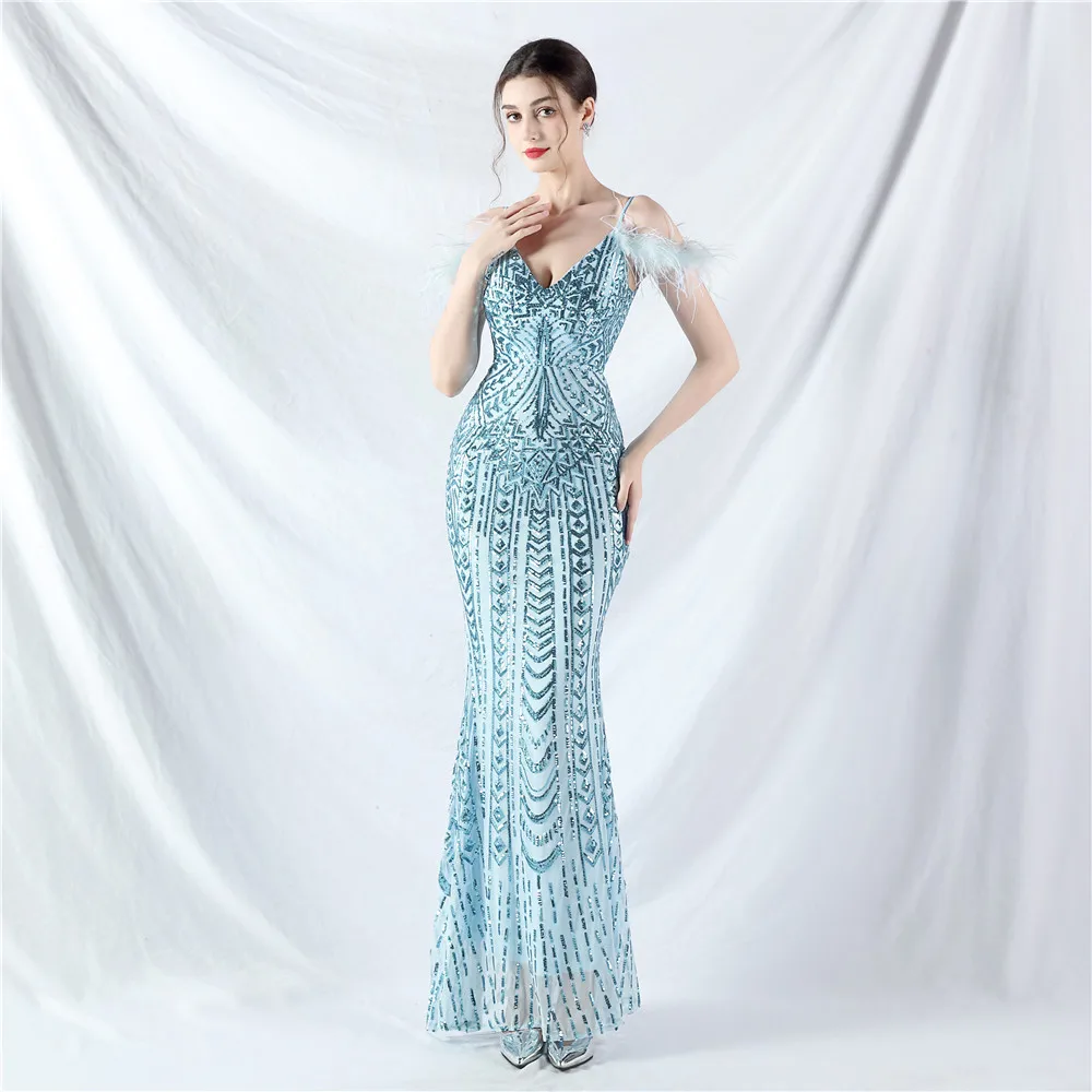 Lovely Baby Blue Mermaid 2024 Evening Dress Spaghetti Straps Chic Sequined Long Special Occasion Prom Party Gowns Dropshipping