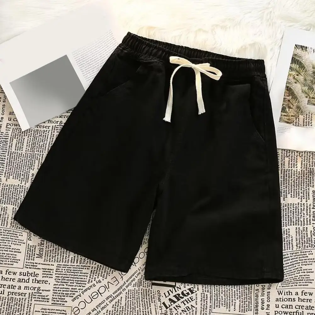

Versatile Men Bottoms Men's Elastic Waist Drawstring Denim Shorts Wide Leg Solid Color Loose Fit Summer Shorts for Casual