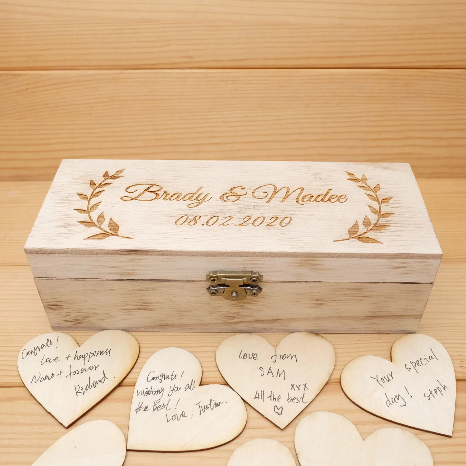 Custom Wedding Guestbook With Hearts Signatures Personalized Guest Book Alternative Wooden Keepsake Box Engraved Your Names&Date