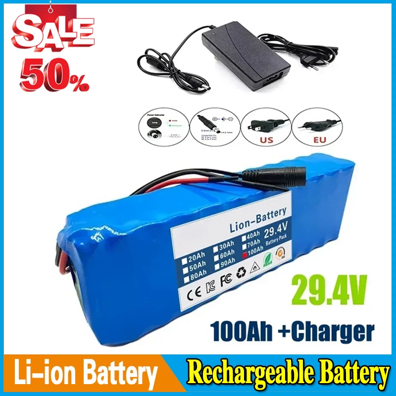 

18650 Rechargeable Lithium Battery Pack 7S3P 29.4V 100Ah with BMS Suitable for 24V - 29.4V motors+2A Charger