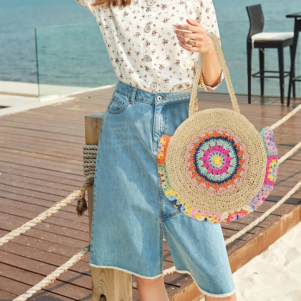 Women Summer Beach Bags Round Straw Woven Tote Bag Weaving Shoulder Bag Large Capacity Ethnic Style for Travel Vacation