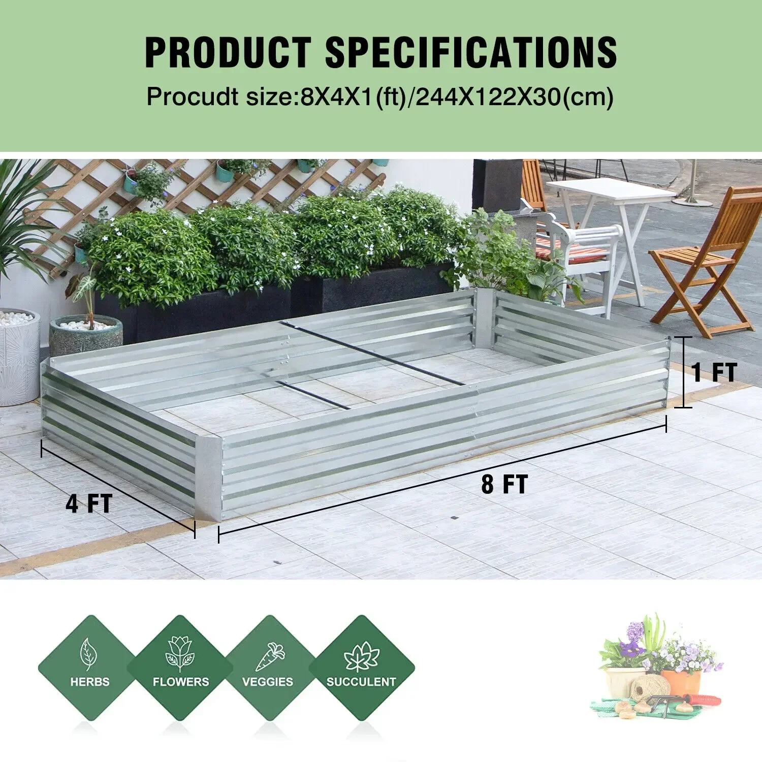 %a 8x4x1ft Large Galvanized Raised Garden Bed Outdoor Planter Steel Kit for Vegetables Flowers Herbs and Succulents Planting To