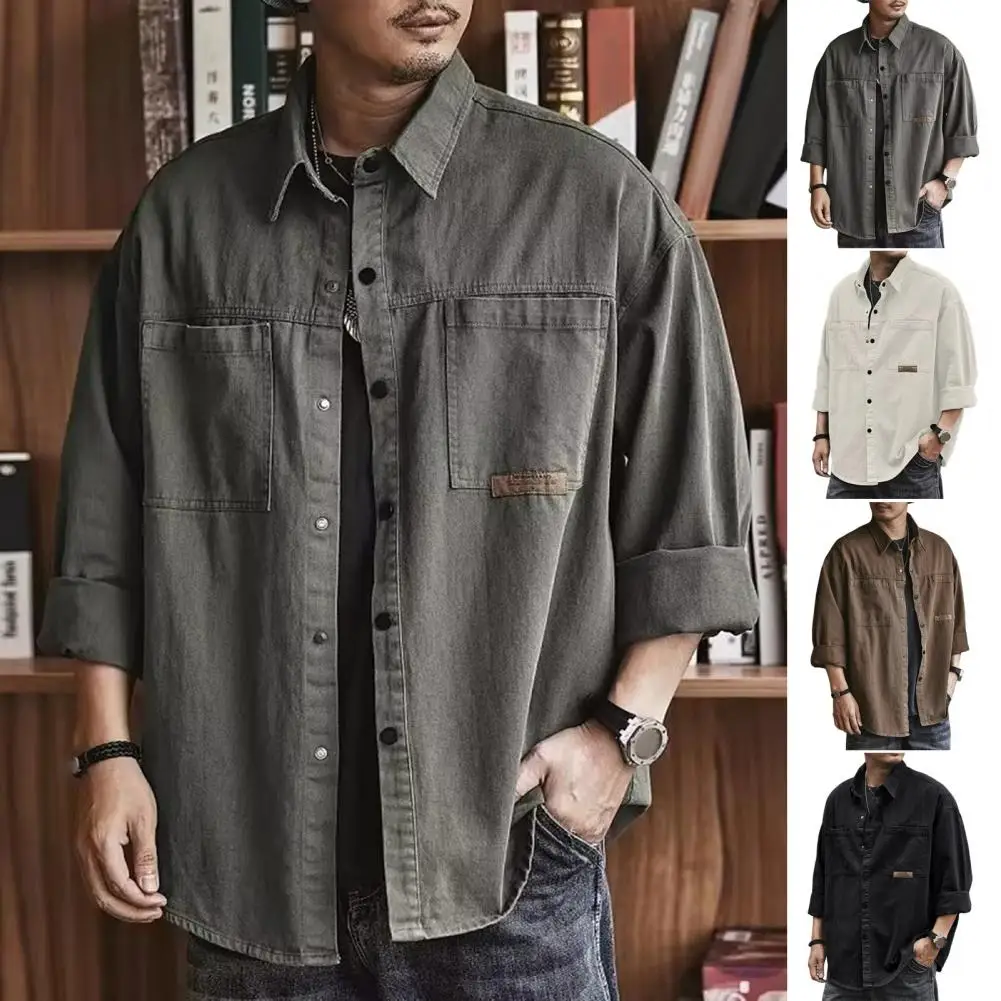 

Men Shirt Formal Men Shirt Casual Men's Cargo Shirt with Turn-down Collar Single-breasted Design Plus Size Pockets for Everyday