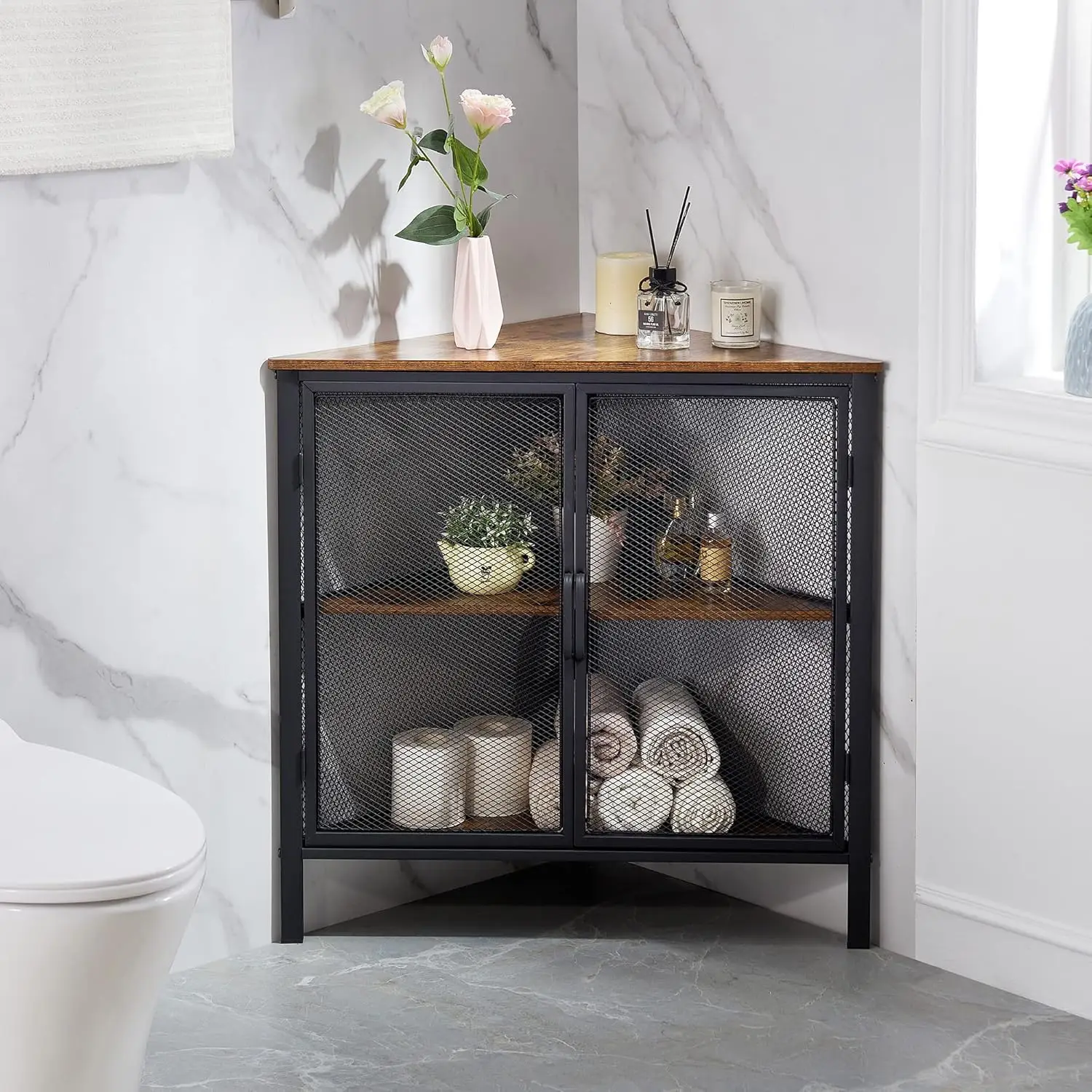 

Corner Cabinet/Table, 3-Tier Shelves with Protection Door, Metal Frame Storage Shelf Organizer for Small Space, Living Room,