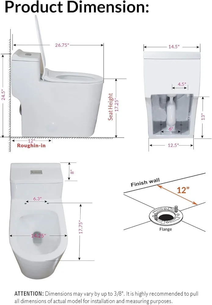مرحاض ممدود مزدوج القطع من قطعة واحدة، ارتفاع كرسي مريح 17.25 بوصة مع مقعد إغلاق ناعم باللون الأبيض
