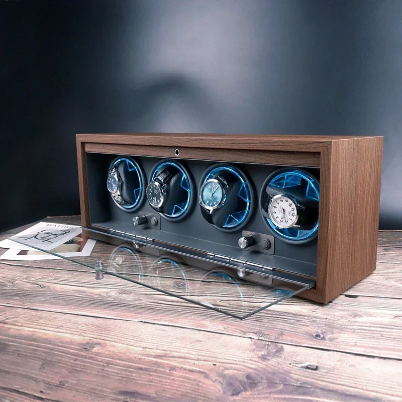 Wholesale Walnut Luxury Gray Wood Automatic Watch Winder for 4 Watches Safe Cabinet Rotating 4 Slots Storage Case