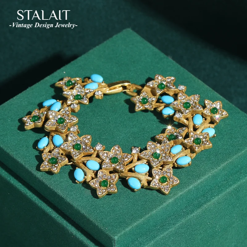 

Vintage Turquoise Green Glass Star Bracelet With Rhinestone Natural Stone Woman Charm Antique Accessories Woman Luxury Jewelry