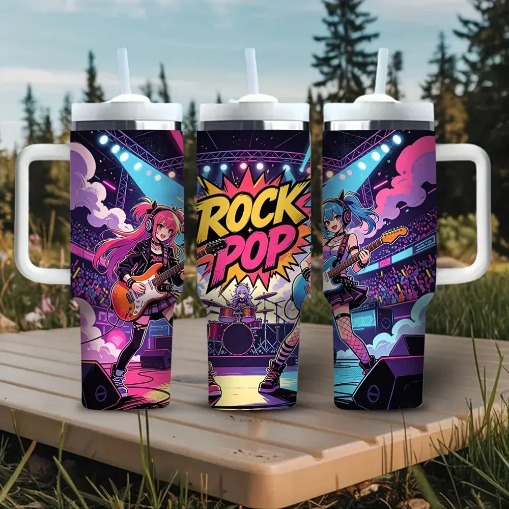 This 40Oz Tumbler with Handle Features a Trendy Cool Rock Pop Anime Girl Print, Ideal for Music Enthusiasts And Fans, Suitable for Both Hot And Cold Drinks, Perfect for Outdoor Activities, Concerts, And Daily Use