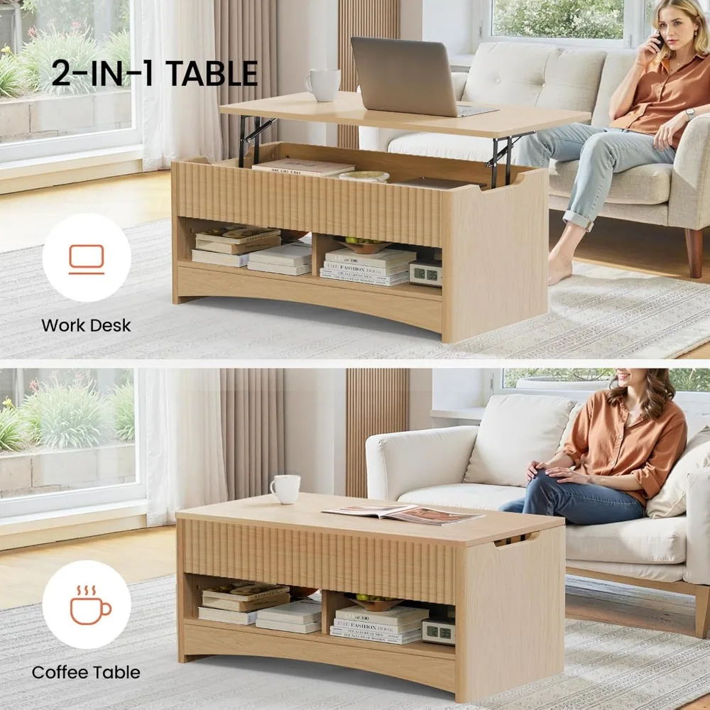 Amada Couchtisch mit geriffelter Hubplatte, 35,2-Zoll-Holztisch mit Ablagefach und verstecktem Fach, moderner rechteckiger Mitteltisch für
