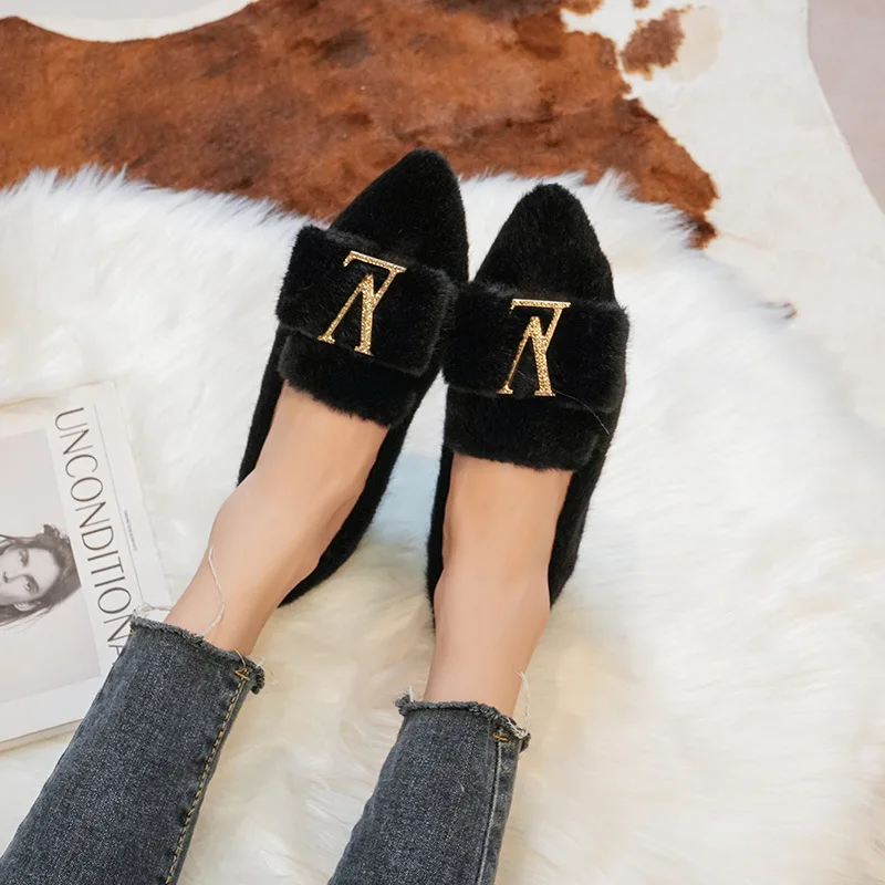 Women\'s Flats Shoes Black Velvet Office Lady Pumps Fashion Pointed-toe Belt-buckled Thin Shoes Large Size Loafers Casual Shoes