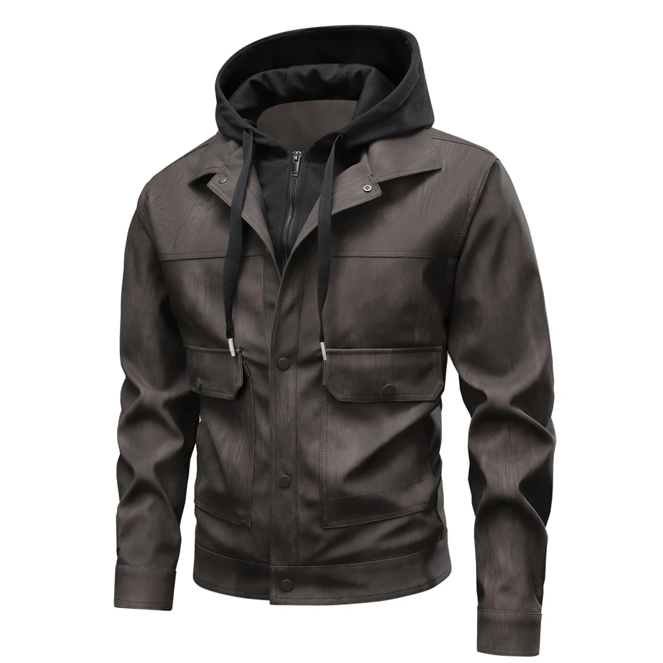 Vintage PU Jacket Men Motorcycle Biker PU Coat Fashion Casual Fake Two Jackets Spring Autumn Outerwear