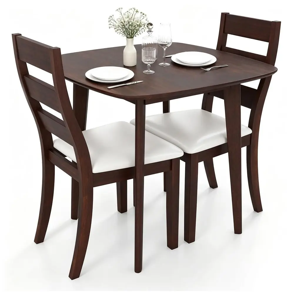 Wooden Dining Table Set for 2, Square Kitchen Table with 2 Upholstered Leather Chairs, Compact Small Space Dining Set for Apart