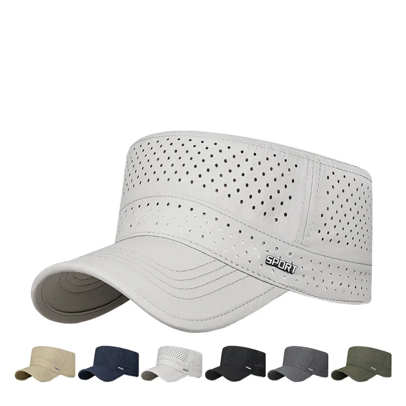 Mesh versatile sun protection flat top hat with metal SPORT logo curved brim sun protection quick drying hat