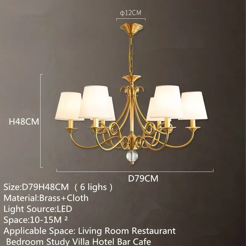 American Village Brass Chandelier LED French Retro Living Room Restaurant Bedroom Study Villa Hotel Cafe Pendant Lamp