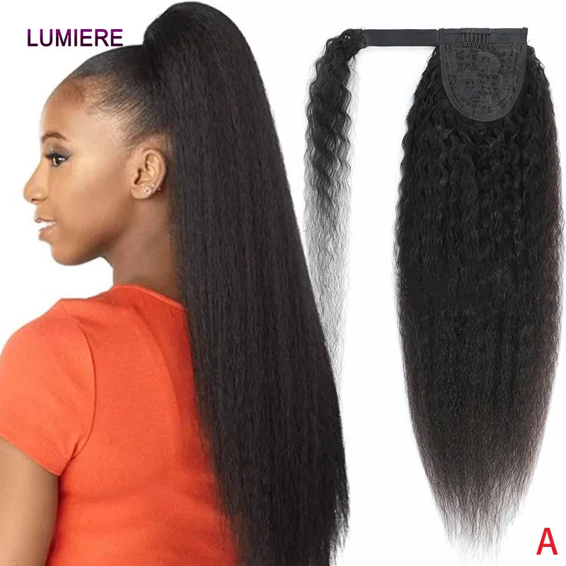 

Накладной хвост Yaki Kinky Straight Curly Magic Wrap Around с завязками и зажимом, черный, из натуральных бразильских волос Реми, кудрявый, для наращивания