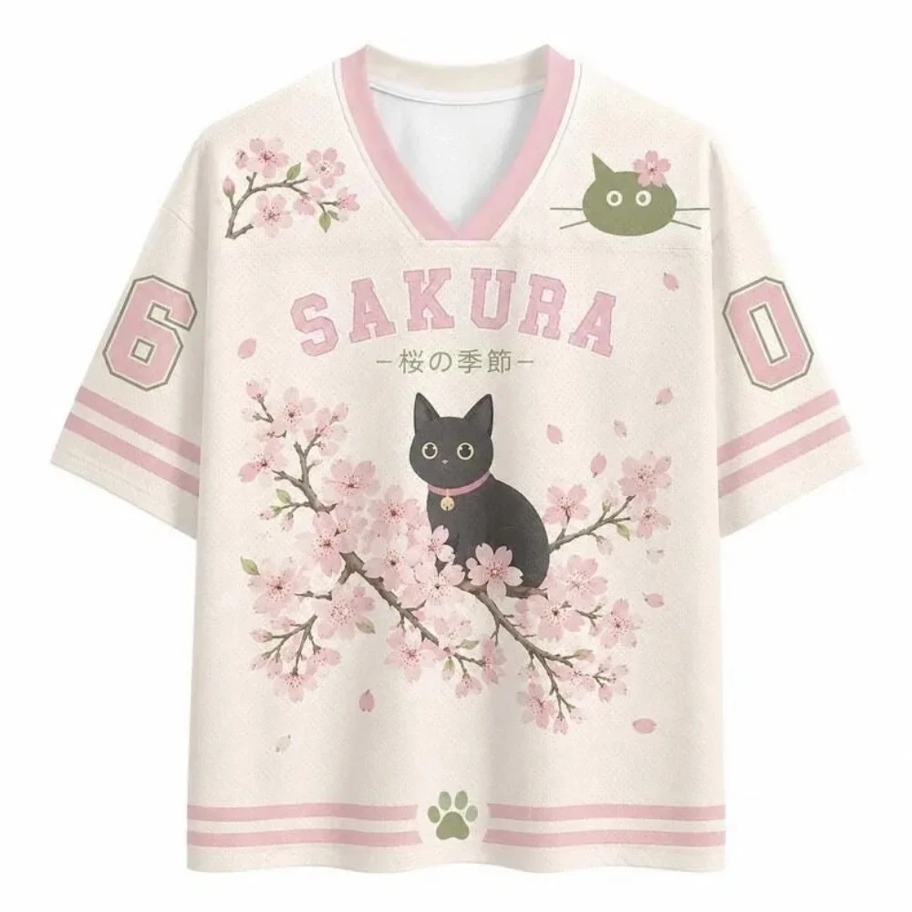 Harajuku Kirschblüten-Katzenpfoten 3D-Druck Sport Schnelltrocknend Atmungsaktiv Herren V-Ausschnitt T-Shirt Outdoor Street Casual Eltern-Kind-Kleidung – Detail 2