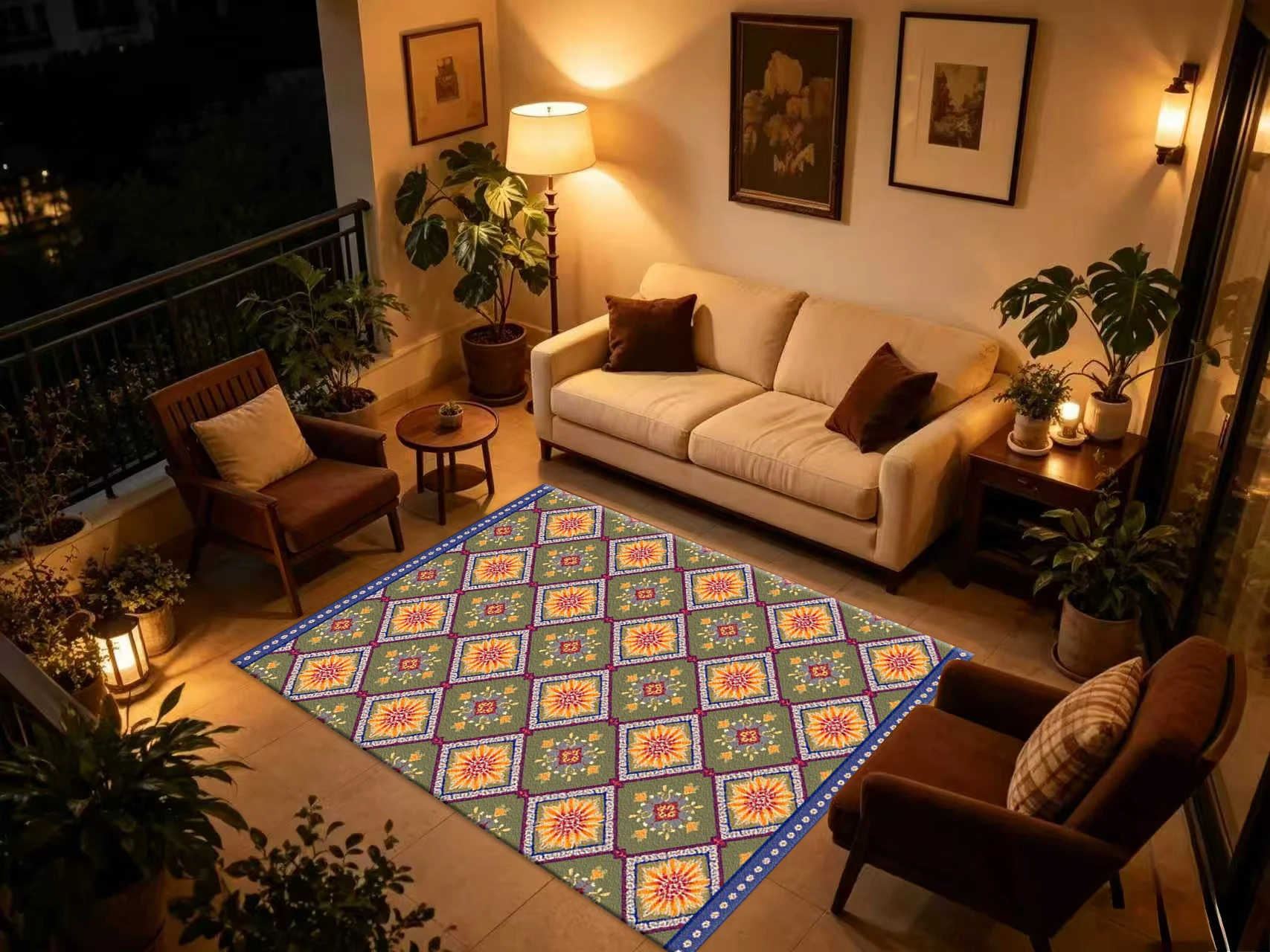 Olive Green Floral Diamond Carpet Flooring Vintage Ornate Printed Floor Rug for Villa Household Ornament