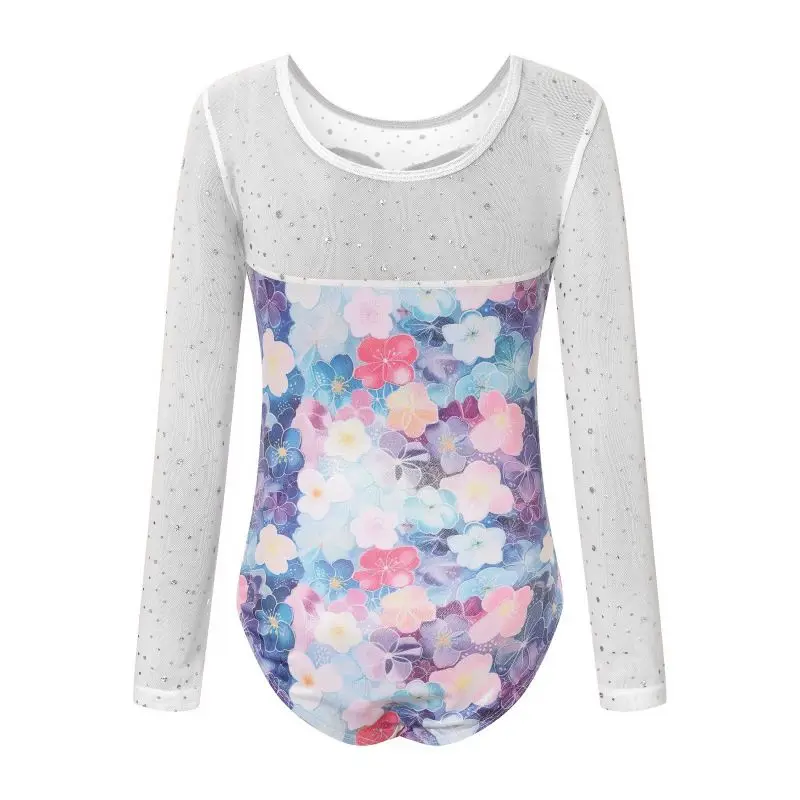 Children Long Sleeve Dance Costumes Sequin Artistic Rhythmic Gymnastics Leotards 5-12 Years Kids Competition Dancing Clothes
