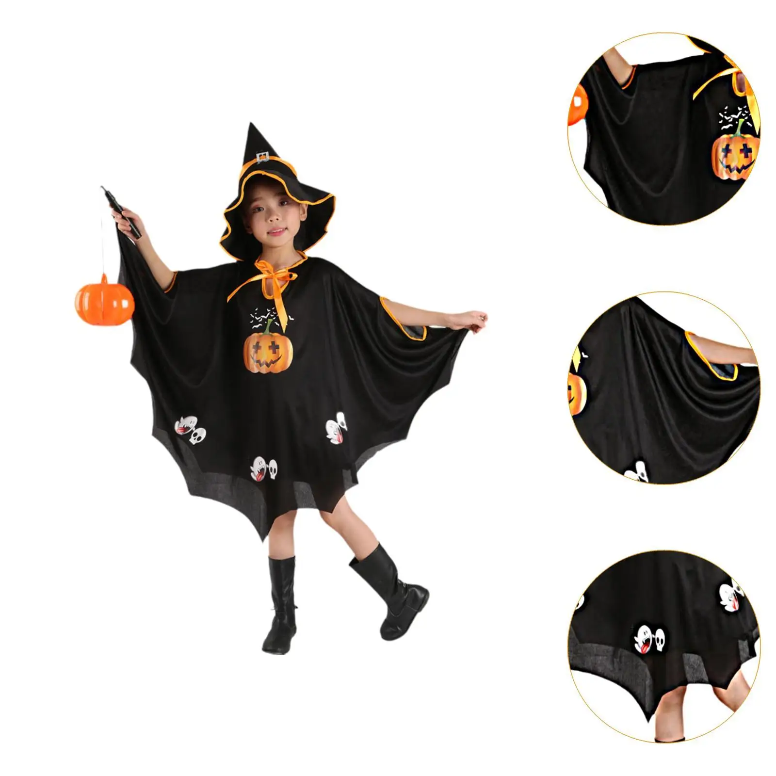 Fantasia infantil de Halloween, capa e chapéu de bruxa para performance em festival, dramatização preta