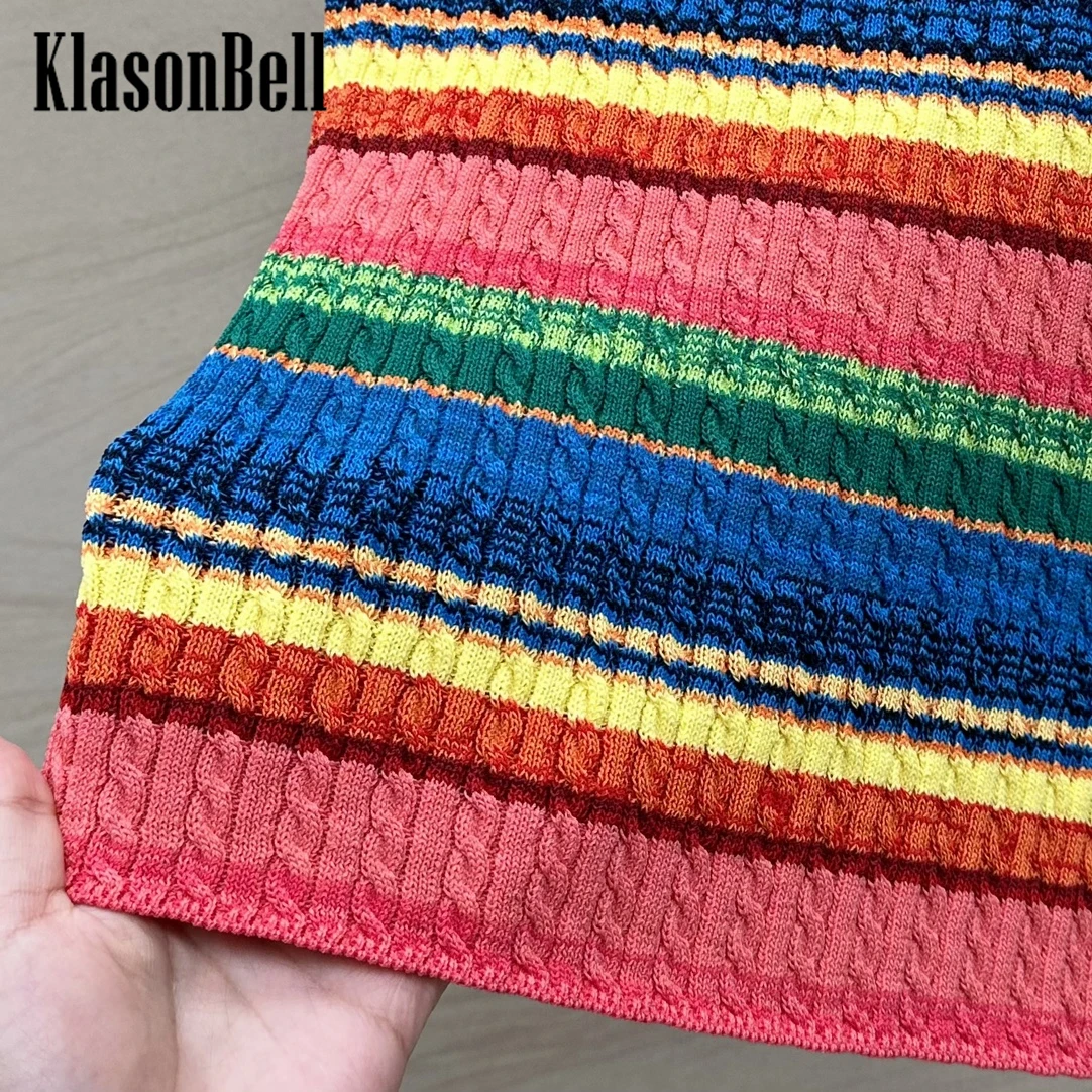 5.8 KlasonBell Letter Contrast Color Rainbow Spaghetti Strap Camis Twist Jacquard Stretch Knit Slim Classic Versatile Tank Top