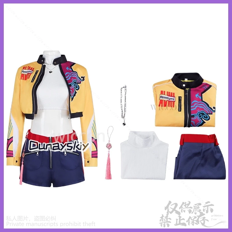 루미 K팝 걸그룹 코스프레 애니메이션 영화 데몬 노래 의상 노란색 펑크 Y2K 코트 반바지 긴 가발 할로윈 파티 코스