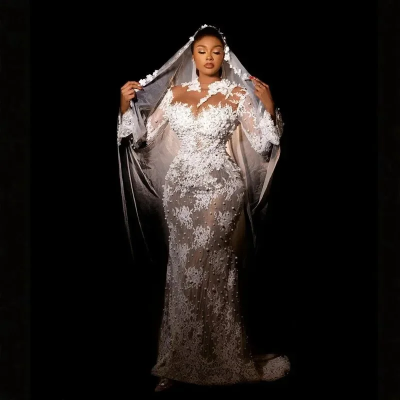 Robes de mariée Aso Ebi personnalisées, grande taille, style sirène, col haut, manches longues, robes de mariée élégantes pour femmes noires africaines, dentelle