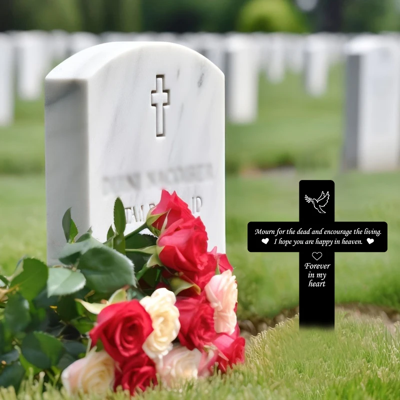 Acrylic black cemetery cross monument grave plaque Peace bird and angel theme decorate the gardenWaterproof and durable material