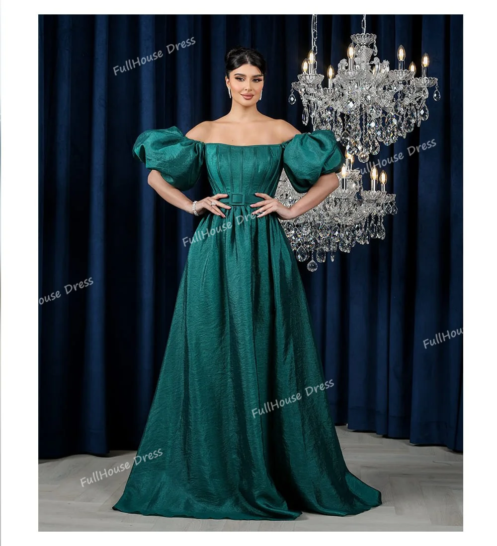 Custom Made Bridal Boat Collar Pleated A-line Side Slit Belt Evening Dress Short Puff Sleeve Backless Party Dress with Train