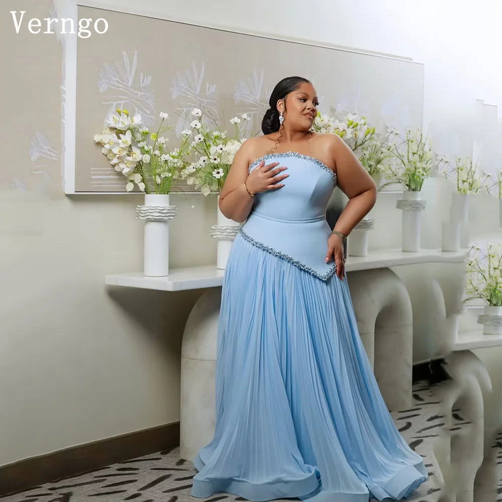 

Verngo Blue Chiffon Evening Dress Plus Size Strapless Sequined Shawl Maxi Prom Dress Elegant 20w Party Gowns Customized