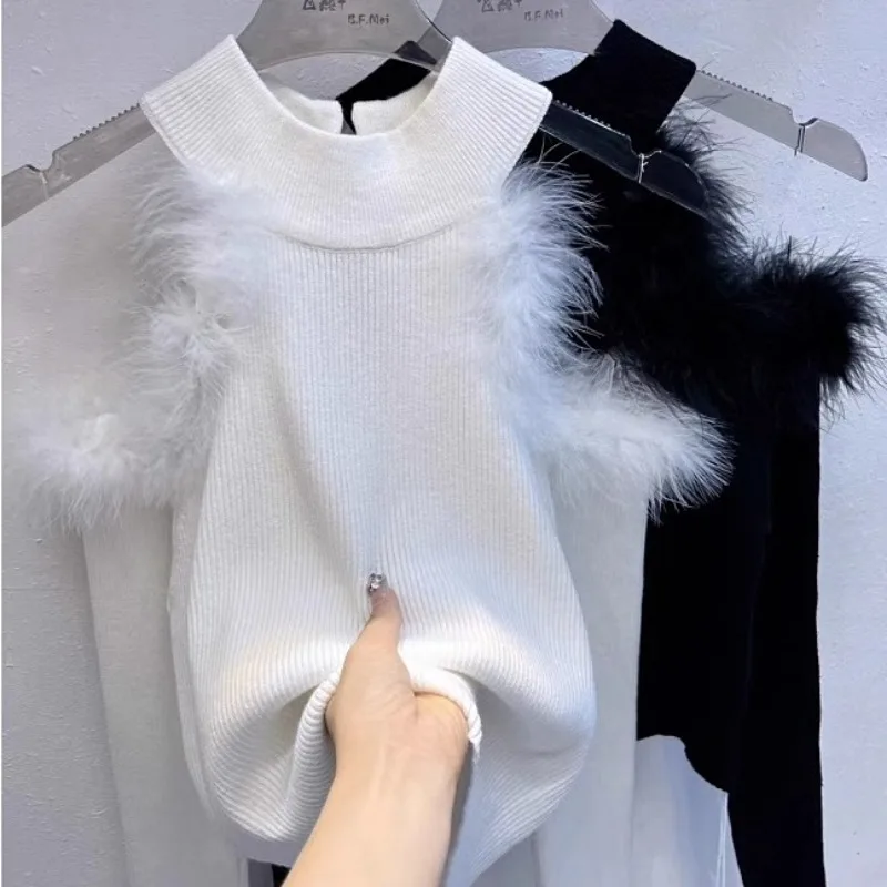 Neploe  Trend New Half-high Collar Pullovers Sexy Off Shoulder Feather Tops Women Y2k Slim Fit Knitted Bottoming Sweaters