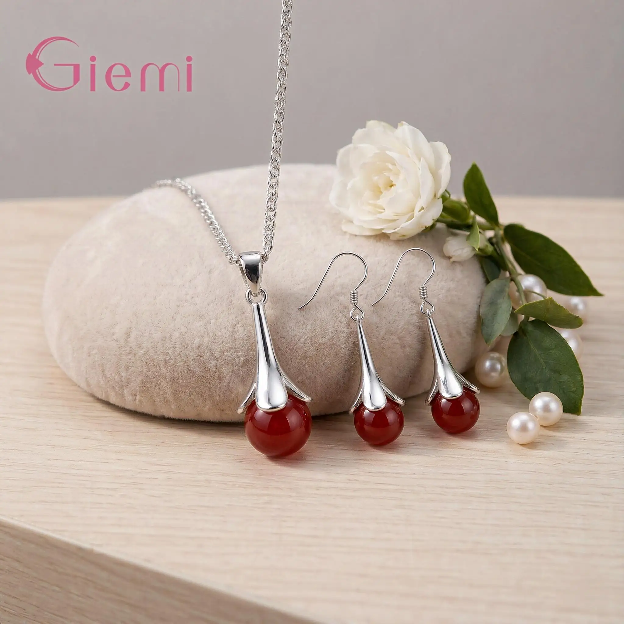 Temperament 925 Sterling Silver Bud-Shaped Agate Necklace Earrings Set For Women Girls Anniversary Party Fashion Jewelry Gifts