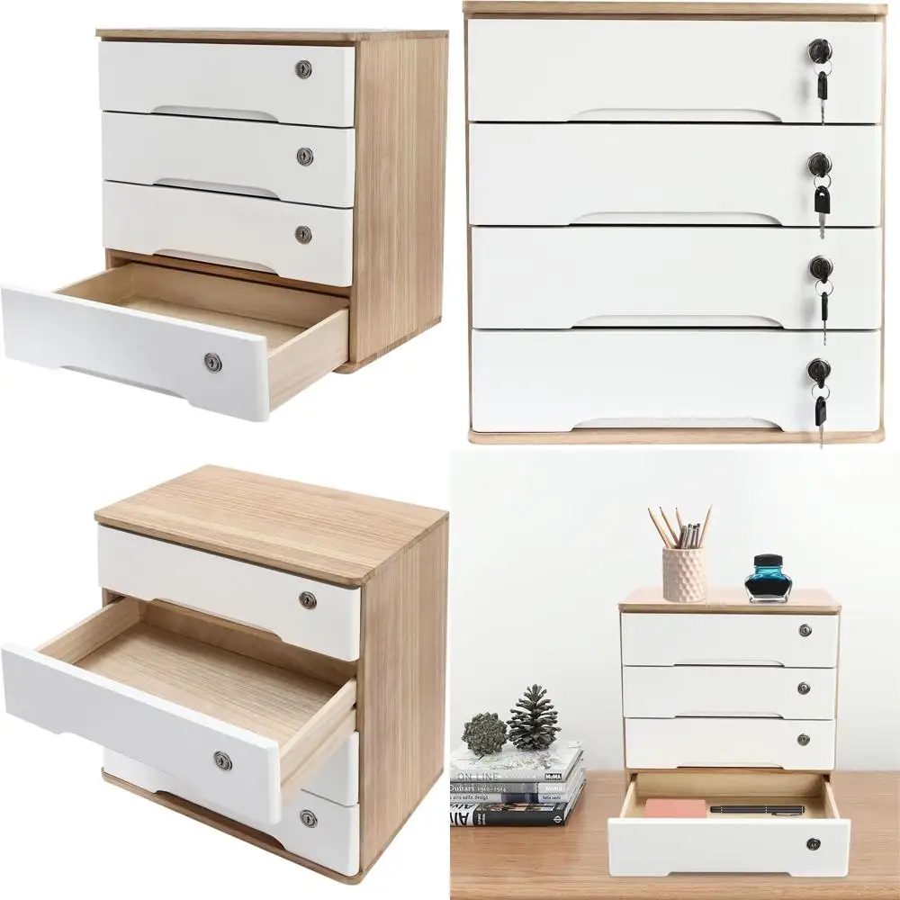 

Wooden 4-Tier Lockable Drawer Desk Organizer with 8 Keys, Categorized Storage Box