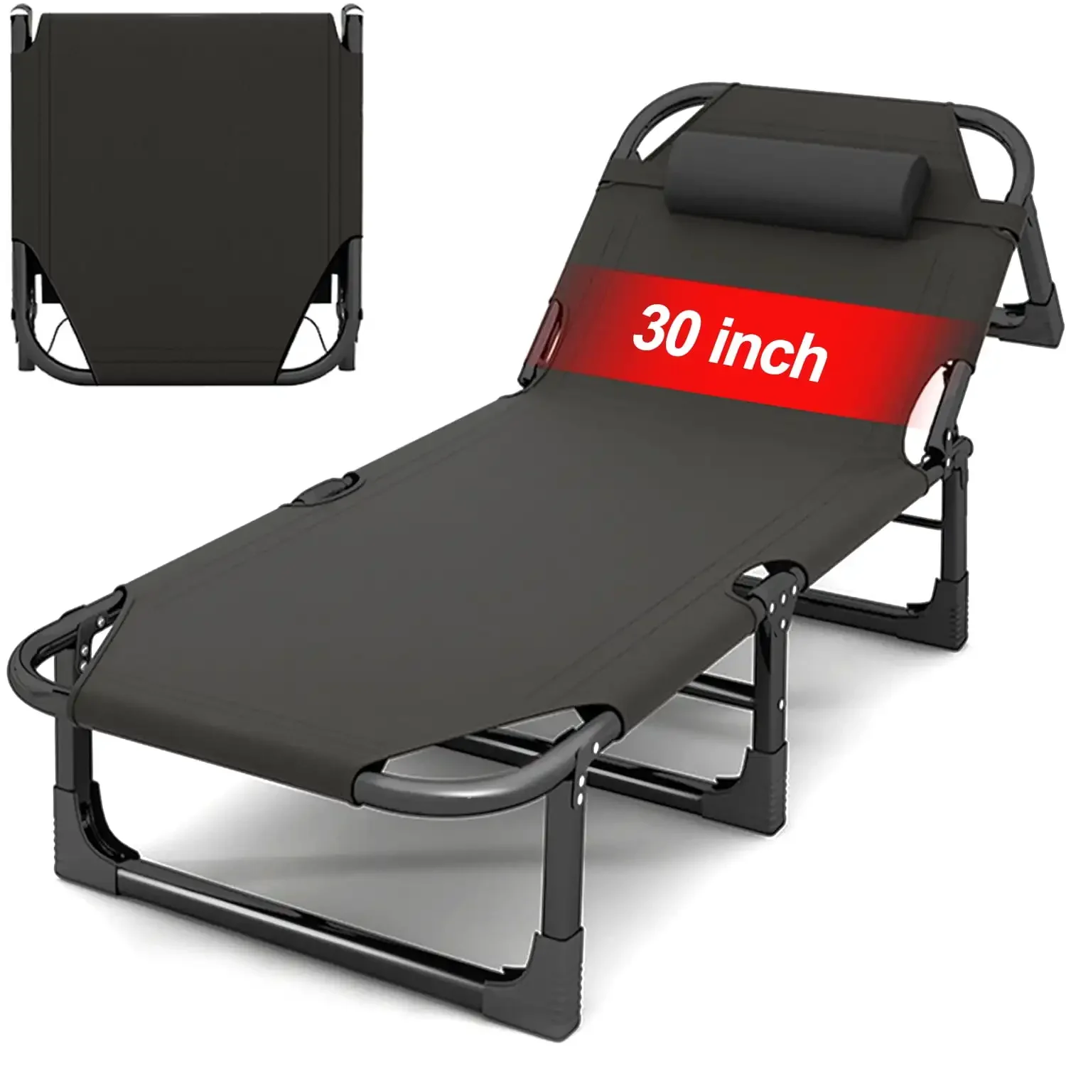 

Folding Camping Cot Bed with Pillow, Adjustable 5-Position Folding Chaise Lounge Chair, Portable Guest Bed