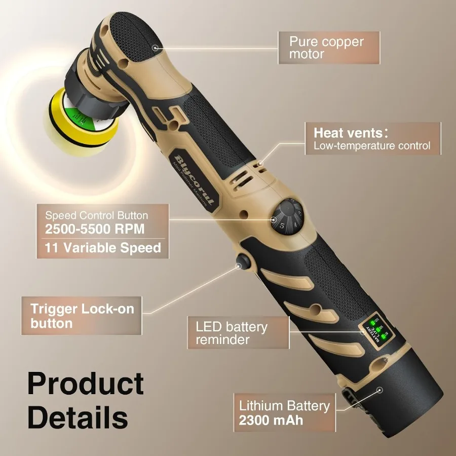 Cordless Mini Polisher 1/1.5/2 Inch with Dual Action and Random Orbital Function 11 Variable Speed Settings Ranging from 2500 t