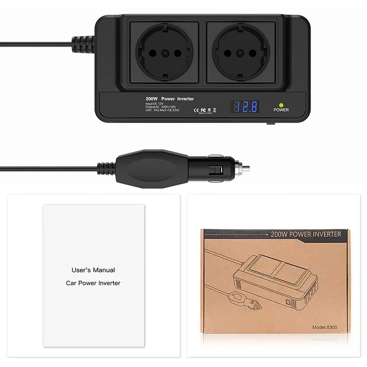200W voertuigomvormer, converteert 12V DC naar 220V AC, met twee stopcontacten en vier QC3.0 35W USB-poorten. - afbeelding 1