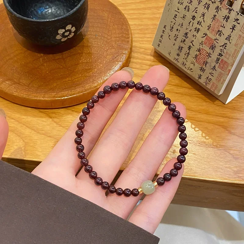 Simple Design 4mm Natural Green Olivine Stone Garnet Jade Beaded Strand Thin Bracelets for Women Female Student Accessories 1316