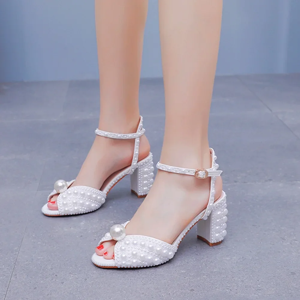 

New Fish Mouth High Heels Party Women's Sandals Luxury Thick Heels Water Diamond Pearl Women's Dress Wedding Shoes