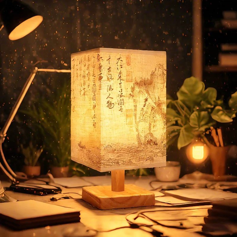 Customizable LED Decoration Table Lamps Simple Dimmable Plug Night Fabric Lampshade Square Bedroom Style Bedside D