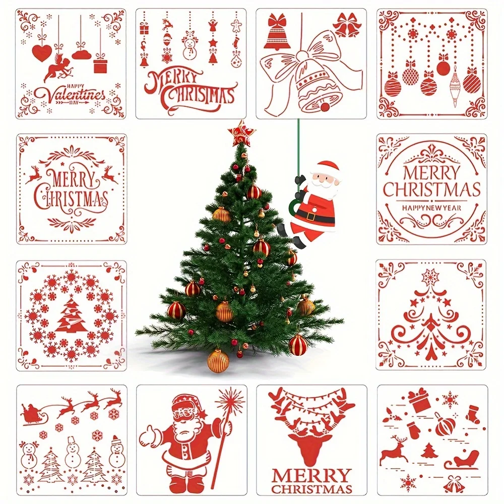 12 PCS Reusable Christmas Stencils for Painting on Wood, Holiday Stencils, Santa Stencil for DIY Signs, Canvas, Fabric