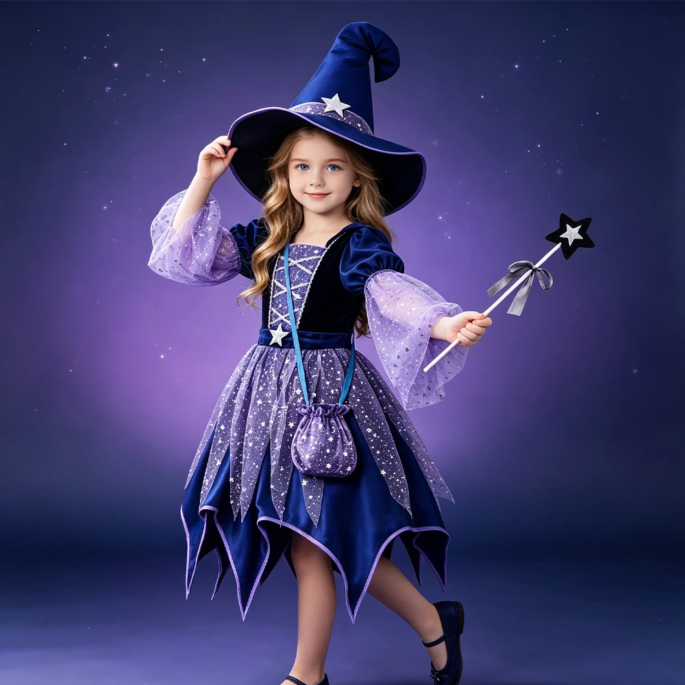 Hexenkostüm-Set für Mädchen, Halloween-Cosplay-Kleid mit Hut, Tasche und Zauberstab, Karneval, Weihnachten, Bühnen-Party-Outfit – Detail 8