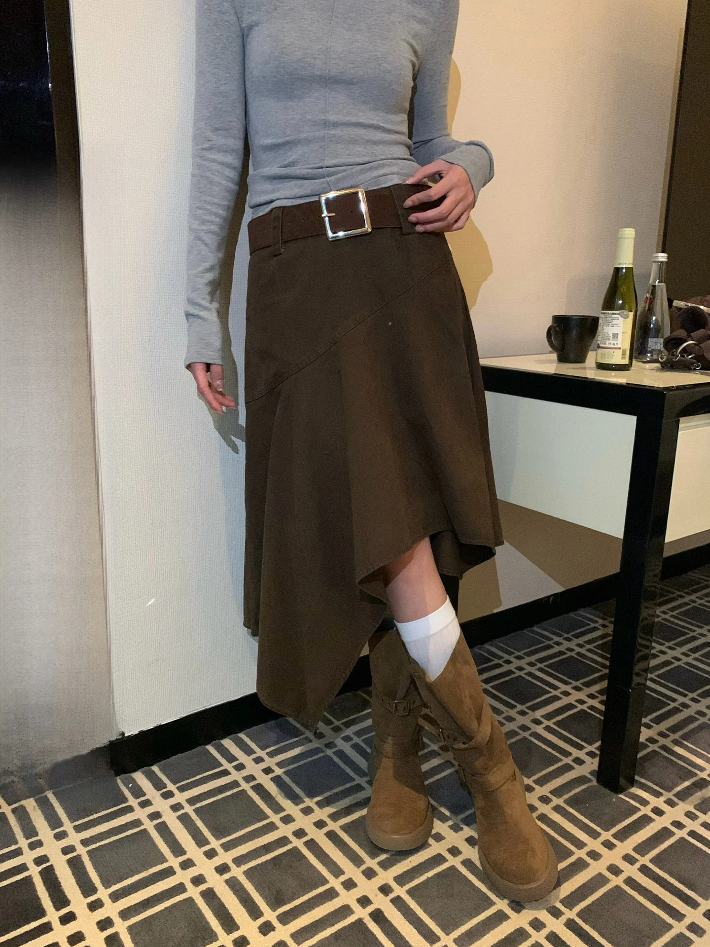 

High Waist Asymmetrical Mid-Length Brown A-Line Skirt Women's Casual Cotton f-length Skirt Slimming Umbrella Skirt