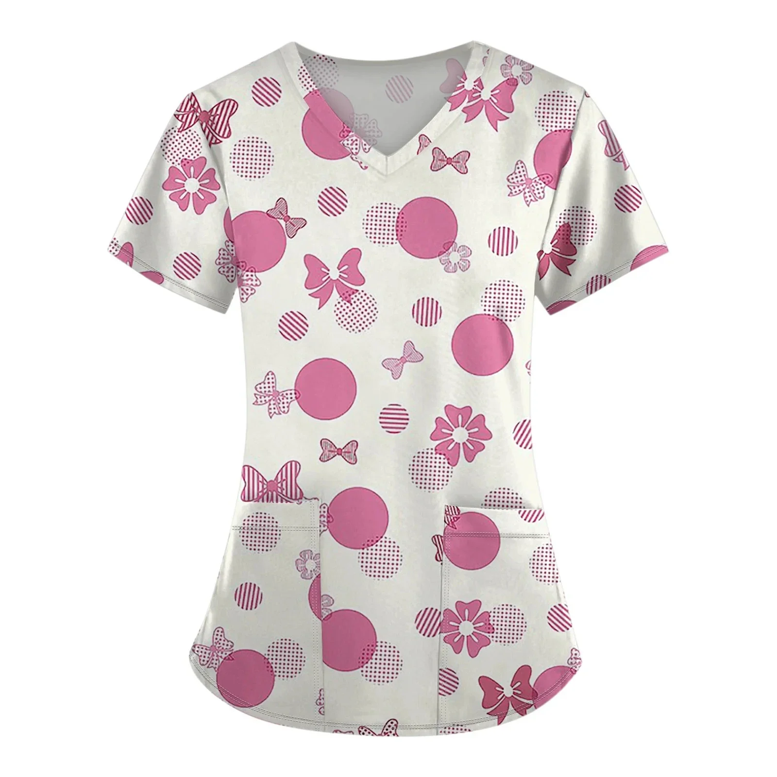 브이넥 반팔 귀여운 리본 프린트 모크 블라우스 블랙 의료 유니폼