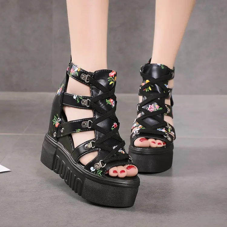 High heeled sandals 2026 summer new item thick soled sponge cake wedge heel height Roman sandals