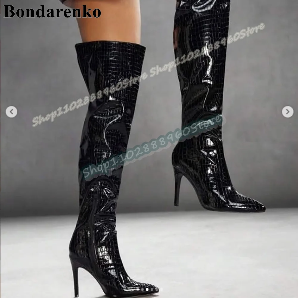 Черные кожаные ботинки выше колена из крокодиловой кожи с острым носком, женские трендовые ботинки на тонком высоком каблуке с боковой молнией и острым носком
