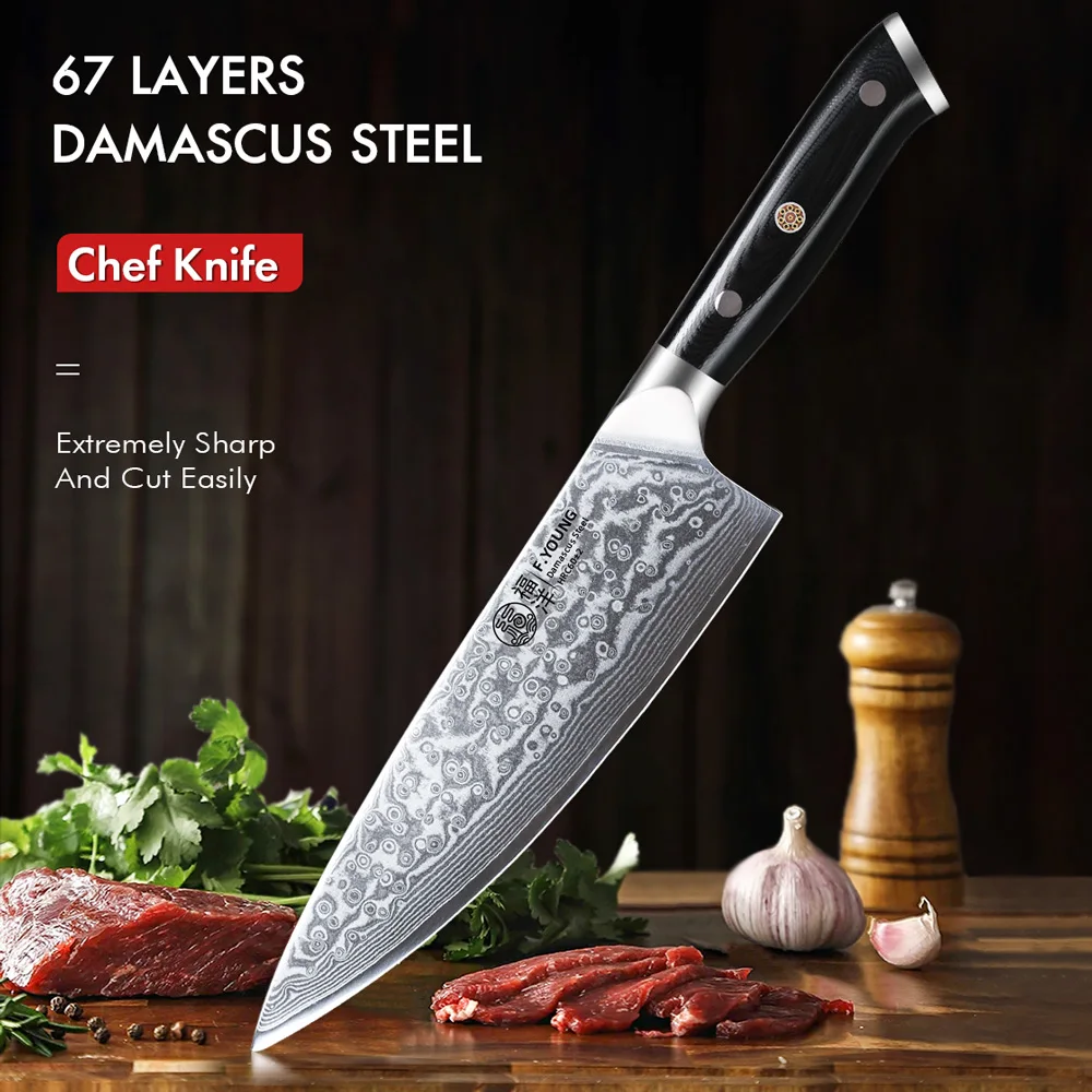 F.YOUNG 8 Inch Professional Chef's Knives Japanese 67 Layer Damascus Steel VG10 Core Super Sharp Meat Vegetable Kitchen Knife