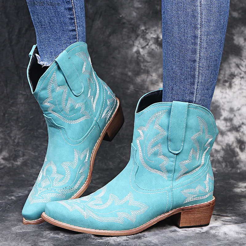 Pointed Toe Embroidered Boots Chunky Heel Short Leather Booties Cosplay Role-Play Plus Size Autumn Winter Shoes For Women Adult 3